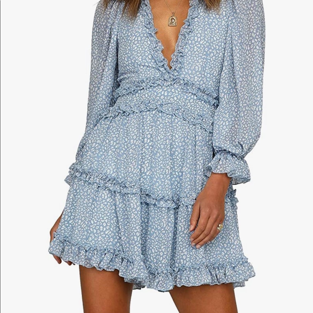 T1FE 1SFE Boho Print Ruffle Dress Deep V Neck Backless Dress